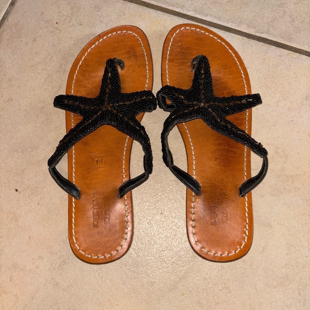 Starfish Beaded Black Sandals Flipflops Beach Leather